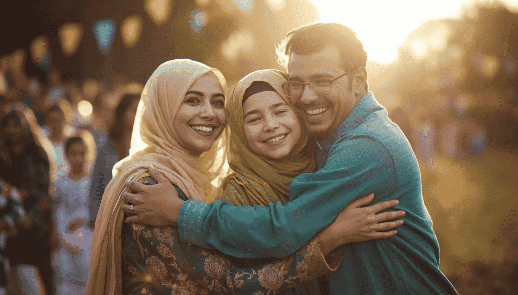 Eid Shayari for family — joyful Muslim family celebrating Eid together