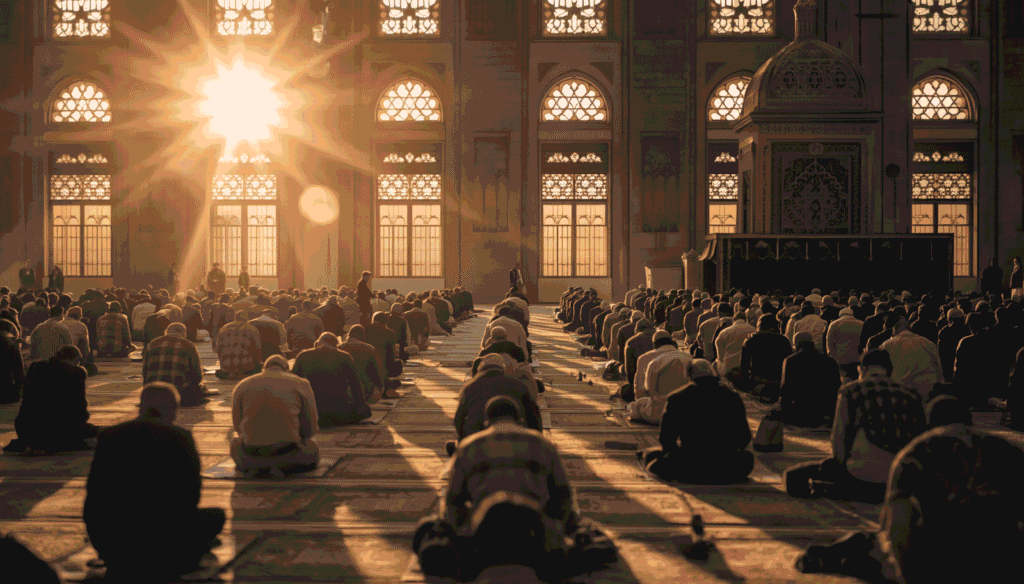 Islamic Eid Shayari — spiritual Eid prayer and mosque morning